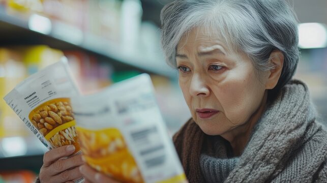 Elderly Woman Reading Food Labels in Grocery Store Aisle for Healthy Eating Choices. Generative ai