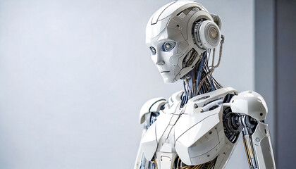 Humanoid, android, with a calm face thinking about the nature of consciousness, what makes us human and how we differ from machines