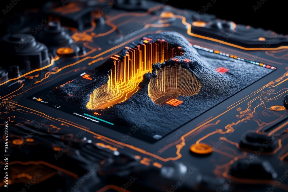 Poster Holographic display of a defect measurement report with 3D visualization and color-coded areas, symbolizing futuristic inspection tech**
