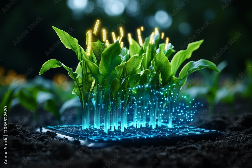 Poster holographic display showing data on crop yields in a rural farm setting, symbolizing the fusion of t