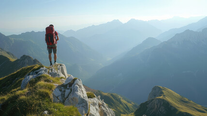 Fototapeta premium Lone traveler on mountain peak