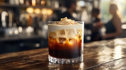 Iced Coffee Beverage on Wooden Counter in Cafeteria Lighting for Drink Promotions. Generative ai