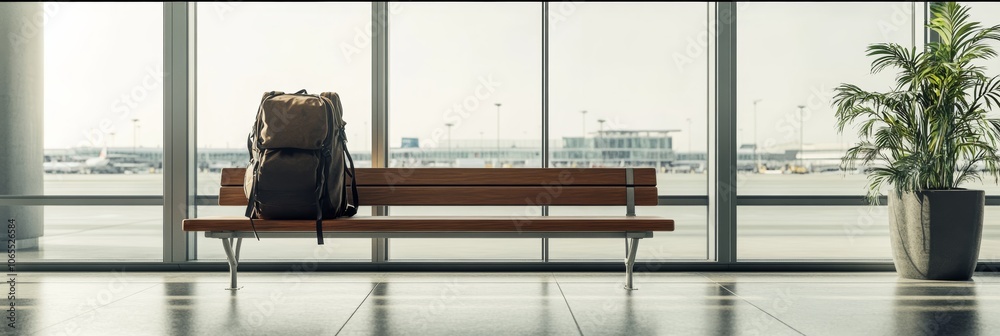 Aufkleber Backpack is resting on a bench in an empty airport terminal, with airplanes visible in the background through large windows