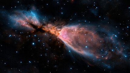 Obraz premium Colorful nebula with bright stars in deep space, showcasing blue and orange hues in an expansive outer space scene with glowing cosmic dust and gas clouds