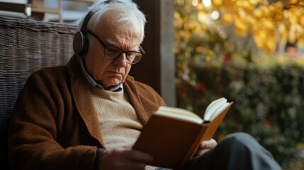 Obraz premium Senior man with wireless headphones, listening to an audiobook with clear sound designed for elderly users.