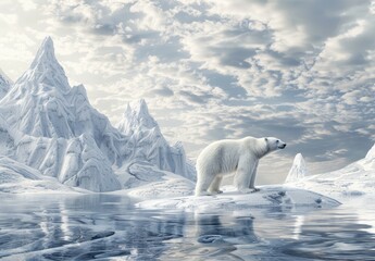 Polar bear on melting ice floes in striking Arctic landscape