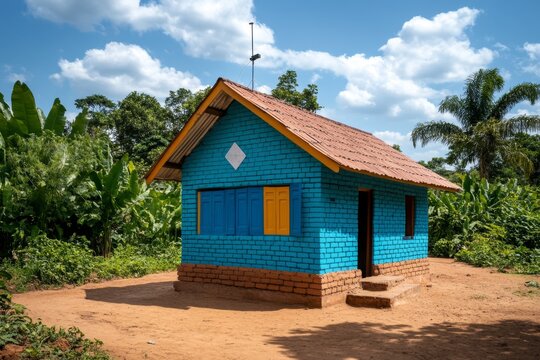 Schoolhouse in a rural area with a small antenna on the roof for internet access, showing the importance for education