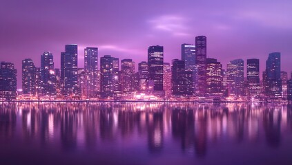 Fototapeta premium A panoramic view of the modern skyline at night, illuminated by city lights and reflecting on calm waters.