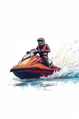 Artistic illustration of jetski in water. Flat vector. Summer tropical sports.