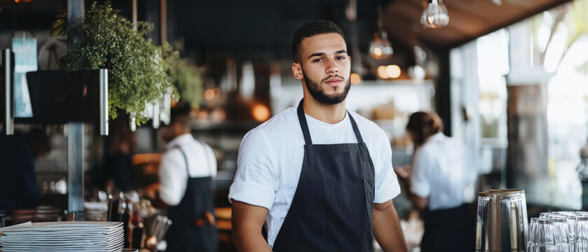 A busboy clearing tables in a busy restaurant, standing tall with a focused expression, banner.