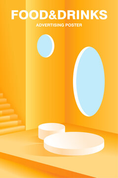 Product display pedestal for product presentation and advertising. The backdrop is a yellow minimalist room. Vacant pedestal for mock-up. Empty stage with pastel color for products. 3d vector Podium