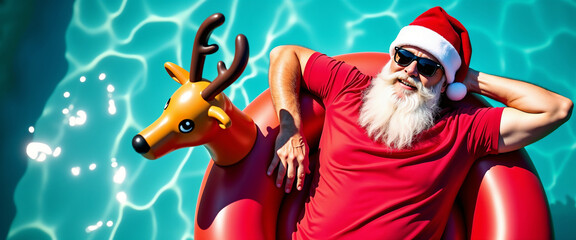 Santa Claus enjoys a summer day, floating on a pool raft with a reindeer float. A fun and whimsical...