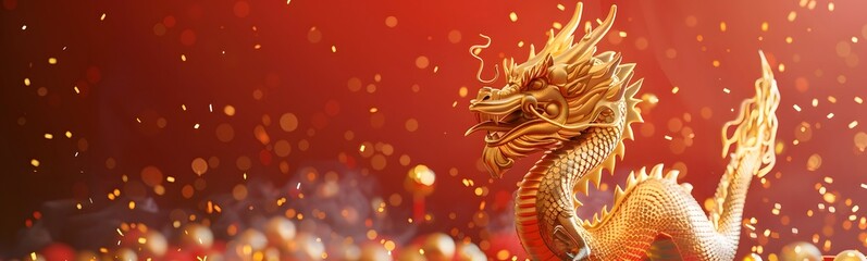 Fototapeta premium Dragon 3D chinese 2024 year gold new lunar cny podium happy background red golden. Chinese dragon 3D banner china festive illustration invitation money party green japanese render celebration blue. 