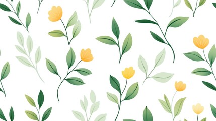 A seamless floral pattern featuring yellow blooms and green leaves on a clean white background.