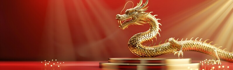 Dragon 3D chinese 2024 year gold new lunar cny podium happy background red golden. Chinese dragon 3D banner china festive illustration invitation money party green japanese render celebration blue. 