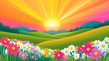 Fototapeta premium Vibrant sunrise over rolling hills with a field of wildflowers in the foreground.