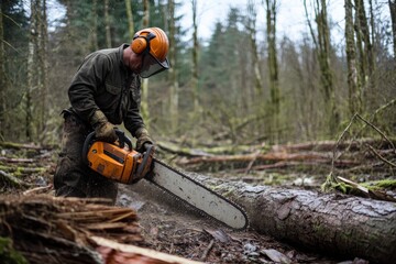 A lumberjack works diligently in a forest, using a chainsaw to cut through a fallen tree, highlighting the skill and strength involved in this challenging labor-intensive task.