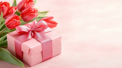 Obraz premium Pink gift box with a satin ribbon and red tulips on a pastel pink background, symbolizing love and appreciation for Mother's Day.
