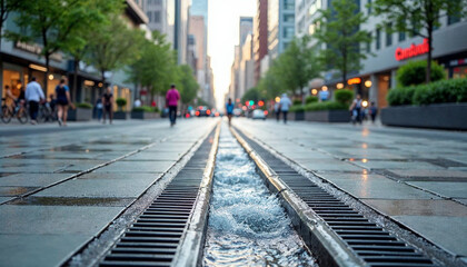 A modern urban drainage system efficiently manages rainwater in a bustling city street.