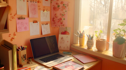 Obraz premium A cozy home office workspace with a laptop, art supplies, and natural light.