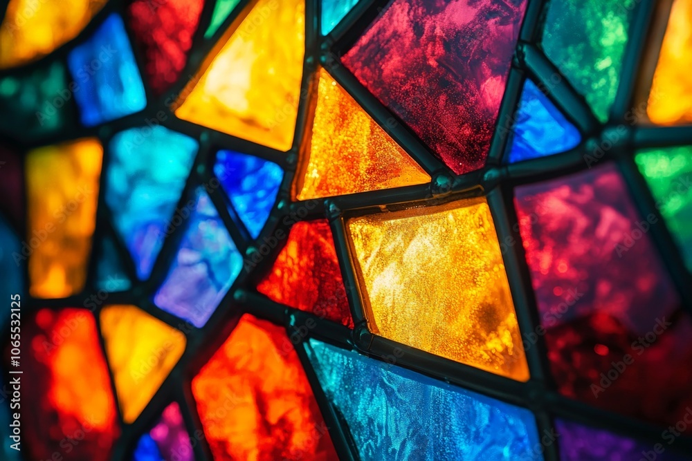 Poster vibrant stained glass mosaic featuring an assortment of colorful geometric shapes, highlighting intr