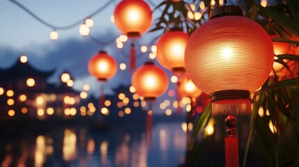 A festive display of red Chinese lanterns glowing at dusk, symbolizing joy and good fortune for the New Year celebration.