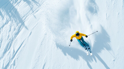 Fototapeta premium A skier speeding down a powdery mountain slope, fresh snow spraying in the air as they carve through the snow, top view.