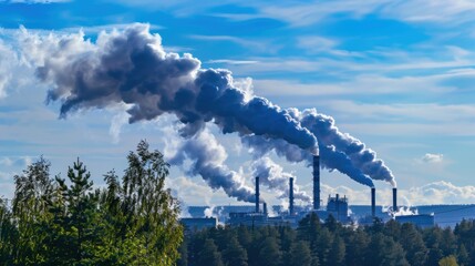 Sulphuric gas smoke billowing from factory amidst forest backdrop