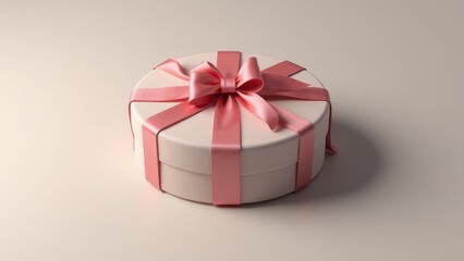 Obraz premium Round gift box with vibrant colors and a satin ribbon, set against a neutral background for a modern look