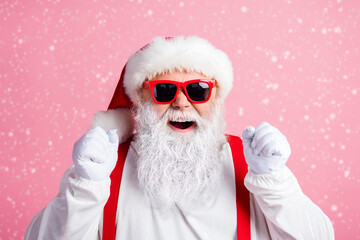 Success x-mas christmas magic gift delivery. Ecstatic santa claus raise fists enjoy jolly holly...