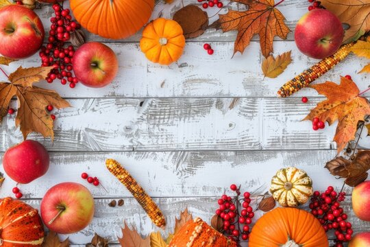Top view of a white wooden table decorated with fall pumpkins and apples