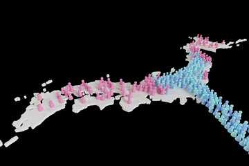 日本列島へ流入する大量の移民により日本人が追いやられてゆくイメージ
