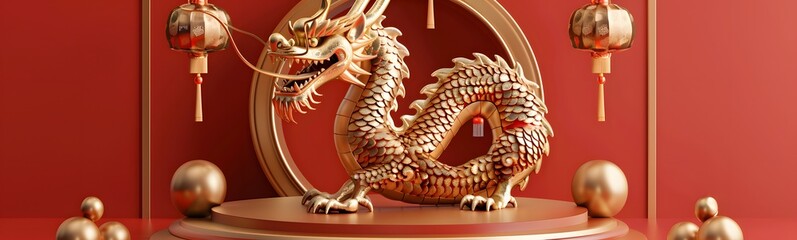 Obraz premium Dragon 3D chinese 2024 year gold new lunar cny podium happy background red golden. Chinese dragon 3D banner china festive illustration invitation money party green japanese render celebration blue. 