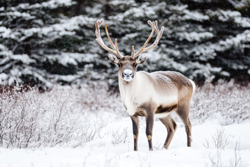 Fototapeta premium A close-up majestic reindeer standing in a serene, snow-covered forest. Its impressive antlers, dusted with frost, emphasizing the animal's resilience and beauty in the wild.