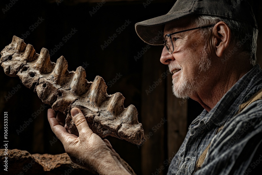 Poster an archaeologist closely examining a large, detailed dinosaur fossil vertebra, reflecting deep inter