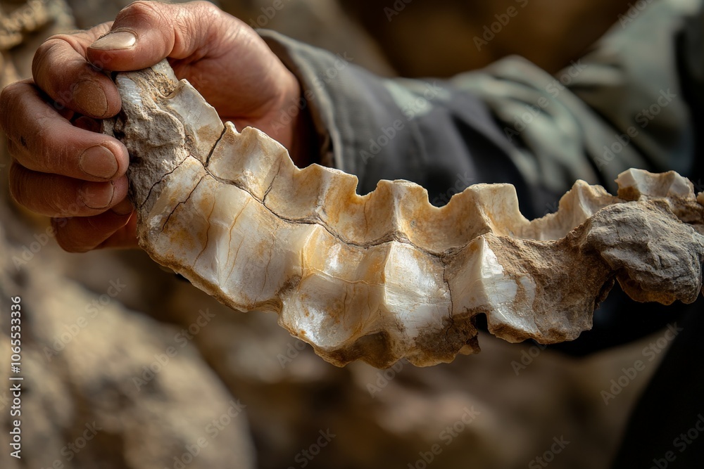 Poster a person's hand holding and displaying a piece of an ancient fossilized dinosaur backbone, showcasin