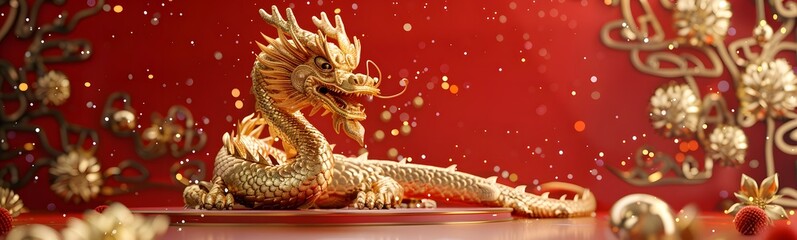 Fototapeta premium Dragon 3D chinese 2024 year gold new lunar cny podium happy background red golden. Chinese dragon 3D banner china festive illustration invitation money party green japanese render celebration blue. 