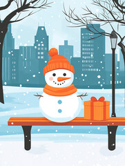 Cute Snowman Illustration on a Park Bench in Winter