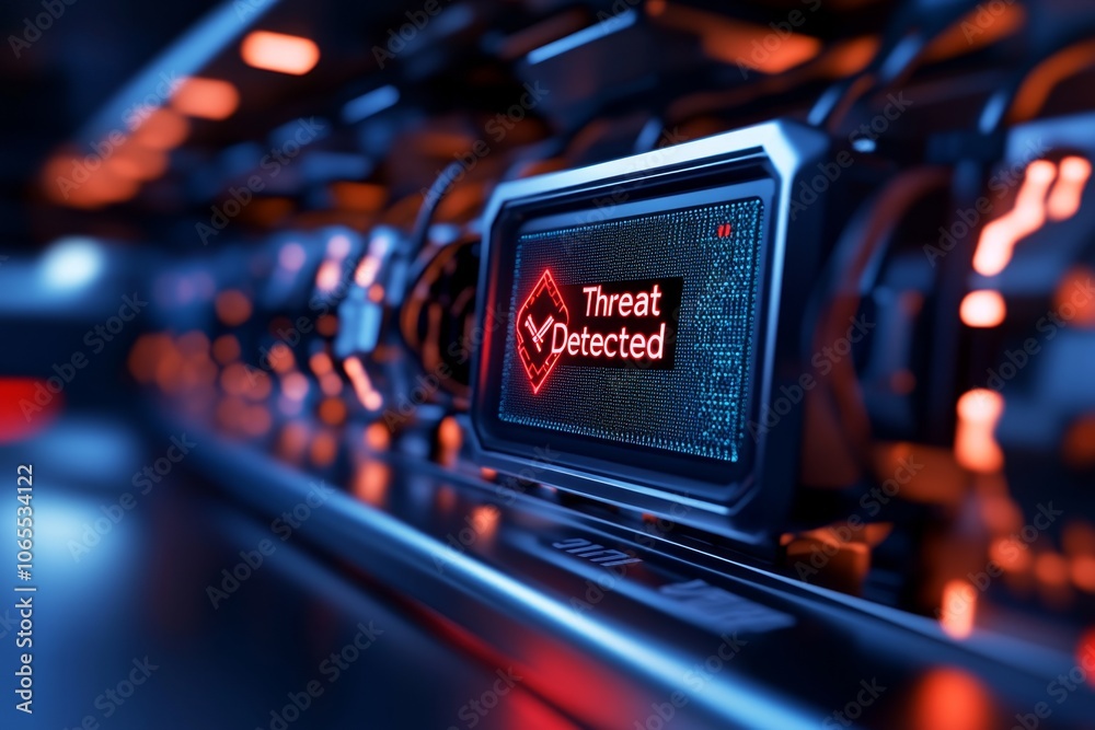 Poster dark room filled with servers and a single screen showing a red â€œthreat detectedâ€ message, captu