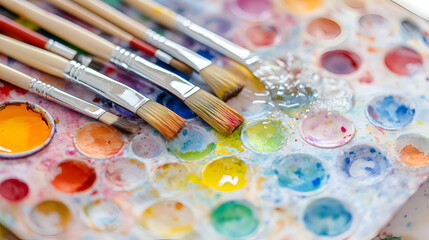 Obraz premium Close-up of paintbrushes resting on a colorful watercolor palette.