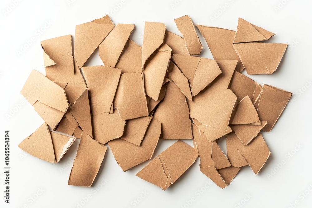 Aufkleber a collection of scattered brown cardboard fragments laid out on a white surface, showcasing an abstr