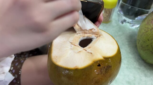 girl holding phone trying to get coconut pieces after drinking juice get coconut pieces Hand carry a piece of virgin coconut. Organic copra prepared for make coconut oil or coconut milk.