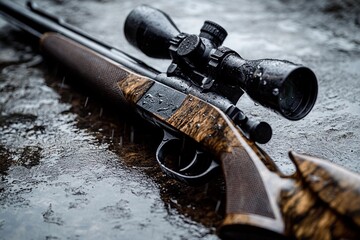 Obraz premium A detailed close-up of a hunting rifle with raindrops on the surface in nature. Generative AI