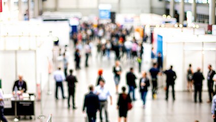 Obraz premium Professional Expo Blur - A large expo with blurred figures moving around the space. 