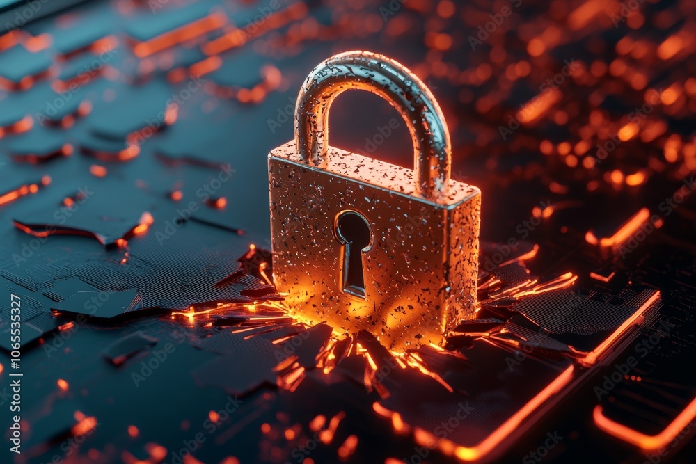 Poster Digital lock icon breaking apart on a computer screen, symbolizing the impact of a zero-day vulnerability