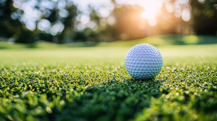 Obraz premium Golf ball on green grass at sunset