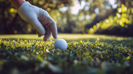 Golfer placing golf ball on green grass