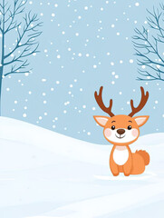 A cute little deer in the winter snow with a flat wind