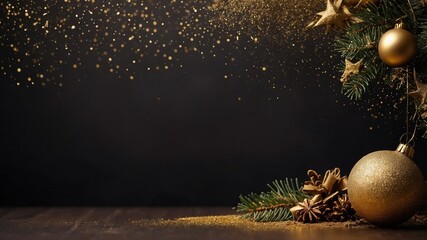 Bolas de Navidad doradas con partículas doradas y ramitas de árbol de Navidad sobre madera vieja. Fondo negro para escribir en esta elegante tarjeta navideña