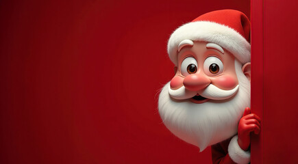 Cute cartoon Santa Claus peeks out from around the corner. in a red Santa Claus hat on a red isolated background. Copy space